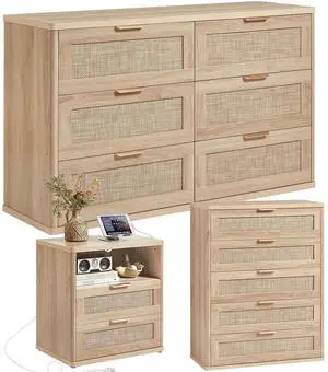 Rattan Dresser and Nightstand Set of 3, Boho Wood Dresser for Bedroom with 6 Drawers and Night Stand with Charging Station, Bedroom Furniture, Dressers & Chests of Drawers,Hallway,Living Room Rattan Dresser and Nightstand Set of 3, Boho Wood Dresser for Bedroom with 6 Drawers and Night Stand with Charging Station, Bedroom Furniture, Dressers & Chests of Drawers,Hallway,Living Room