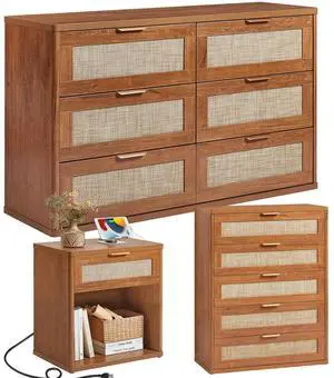Rattan Dresser and Nightstand Set of 3, Boho Wood Dresser for Bedroom with 6 Drawers and Night Stand with Charging Station, Bedroom Furniture, Dressers & Chests of Drawers,Hallway,Living Room Rattan Dresser and Nightstand Set of 3, Boho Wood Dresser for Bedroom with 6 Drawers and Night Stand with Charging Station, Bedroom Furniture, Dressers & Chests of Drawers,Hallway,Living Room