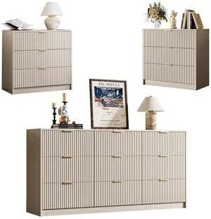 3-Piece Dresser Bedroom Set, 9 Drawer Dresser & 3 Drawer Nightstands with Gold Handles, Fluted Wood Chest of Drawers for Bedroom, Living Room, Entryway, Beige 3-Piece Dresser Bedroom Set, 9 Drawer Dresser & 3 Drawer Nightstands with Gold Handles, Fluted Wood Chest of Drawers for Bedroom, Living Room, Entryway, Beige