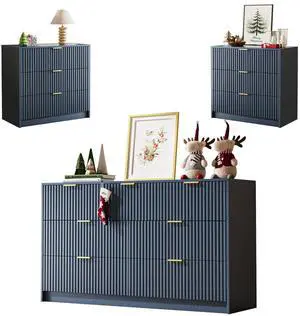 3-Piece Dresser Bedroom Set, 7 Drawer Dresser & 3 Drawer Nightstands with Gold Handles, Fluted Wood Chest of Drawers for Bedroom, Living Room, Entryway, Navy Blue 3-Piece Dresser Bedroom Set, 7 Drawer Dresser & 3 Drawer Nightstands with Gold Handles, Fluted Wood Chest of Drawers for Bedroom, Living Room, Entryway, Navy Blue
