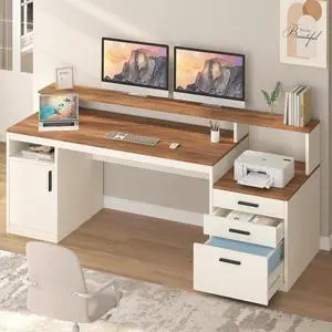 65 Inch Computer Desk with 3 Drawers & Storage Shelves, Executive Desk with File Drawer & Cabinet, Home Office Desk with Long Monitor Stand & Printer Shelf, Antique White 65 Inch Computer Desk with 3 Drawers & Storage Shelves, Executive Desk with File Drawer & Cabinet, Home Office Desk with Long Monitor Stand & Printer Shelf, Antique White