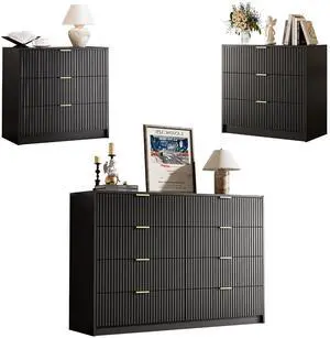 3-Piece Dresser Bedroom Set, 8 Drawer Dresser & 3 Drawer Nightstands with Gold Handles, Fluted Wood Chest of Drawers for Bedroom, Living Room, Entryway, Black 3-Piece Dresser Bedroom Set, 8 Drawer Dresser & 3 Drawer Nightstands with Gold Handles, Fluted Wood Chest of Drawers for Bedroom, Living Room, Entryway, Black