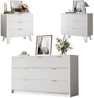 3-Piece Dresser Bedroom Set, 7 Drawer Dresser & 3 Drawer Dresser with Gold Handles, Fluted Wood Chest of Drawers for Bedroom, Living Room, Entryway, White 3-Piece Dresser Bedroom Set, 7 Drawer Dresser & 3 Drawer Dresser with Gold Handles, Fluted Wood Chest of Drawers for Bedroom, Living Room, Entryway, White
