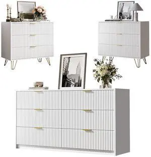 3-Piece Dresser Bedroom Set, 6 Drawer Dresser & 3 Drawer Dresser with Gold Handles, Fluted Wood Chest of Drawers for Bedroom, Living Room, Entryway, White 3-Piece Dresser Bedroom Set, 6 Drawer Dresser & 3 Drawer Dresser with Gold Handles, Fluted Wood Chest of Drawers for Bedroom, Living Room, Entryway, White