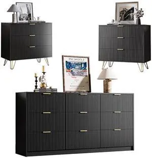 3-Piece Dresser Bedroom Set, 9 Drawer Dresser & 3 Drawer Dresser with Gold Handles, Fluted Wood Chest of Drawers for Bedroom, Living Room, Entryway, Black 3-Piece Dresser Bedroom Set, 9 Drawer Dresser & 3 Drawer Dresser with Gold Handles, Fluted Wood Chest of Drawers for Bedroom, Living Room, Entryway, Black