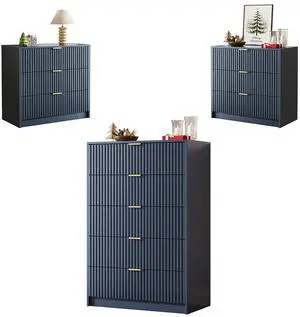 3-Piece Dresser Bedroom Set, 5 Drawer Dresser & 3 Drawer Nightstands with Gold Handles, Fluted Wood Chest of Drawers for Bedroom, Living Room, Entryway, Navy Blue 3-Piece Dresser Bedroom Set, 5 Drawer Dresser & 3 Drawer Nightstands with Gold Handles, Fluted Wood Chest of Drawers for Bedroom, Living Room, Entryway, Navy Blue