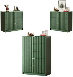 3-Piece Dresser Bedroom Set, 5 Drawer Dresser & 3 Drawer Nightstands with Gold Handles, Fluted Wood Chest of Drawers for Bedroom, Living Room, Entryway, Green 3-Piece Dresser Bedroom Set, 5 Drawer Dresser & 3 Drawer Nightstands with Gold Handles, Fluted Wood Chest of Drawers for Bedroom, Living Room, Entryway, Green