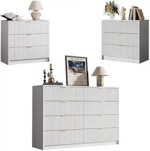 3-Piece Dresser Bedroom Set, 8 Drawer Dresser & 3 Drawer Nightstands with Gold Handles, Fluted Wood Chest of Drawers for Bedroom, Living Room, Entryway, White 3-Piece Dresser Bedroom Set, 8 Drawer Dresser & 3 Drawer Nightstands with Gold Handles, Fluted Wood Chest of Drawers for Bedroom, Living Room, Entryway, White