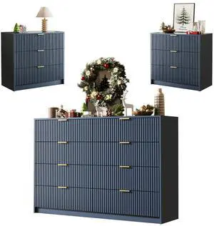 3-Piece Dresser Bedroom Set, 8 Drawer Dresser & 3 Drawer Nightstands with Gold Handles, Fluted Wood Chest of Drawers for Bedroom, Living Room, Entryway, Navy Blue 3-Piece Dresser Bedroom Set, 8 Drawer Dresser & 3 Drawer Nightstands with Gold Handles, Fluted Wood Chest of Drawers for Bedroom, Living Room, Entryway, Navy Blue