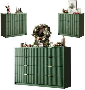 3-Piece Dresser Bedroom Set, 8 Drawer Dresser & 3 Drawer Nightstands with Gold Handles, Fluted Wood Chest of Drawers for Bedroom, Living Room, Entryway, Green 3-Piece Dresser Bedroom Set, 8 Drawer Dresser & 3 Drawer Nightstands with Gold Handles, Fluted Wood Chest of Drawers for Bedroom, Living Room, Entryway, Green