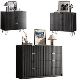 3-Piece Dresser Bedroom Set, 8 Drawer Dresser & 3 Drawer Nightstands with Gold Handles, Fluted Wood Chest of Drawers for Bedroom, Living Room, Entryway, Black 3-Piece Dresser Bedroom Set, 8 Drawer Dresser & 3 Drawer Nightstands with Gold Handles, Fluted Wood Chest of Drawers for Bedroom, Living Room, Entryway, Black