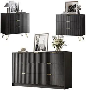 3-Piece Dresser Bedroom Set, 7 Drawer Dresser & 3 Drawer Nightstands with Gold Handles, Fluted Wood Chest of Drawers for Bedroom, Living Room, Entryway, Black 3-Piece Dresser Bedroom Set, 7 Drawer Dresser & 3 Drawer Nightstands with Gold Handles, Fluted Wood Chest of Drawers for Bedroom, Living Room, Entryway, Black