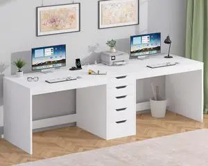 2 Person Desk with 5 Drawers and Power Outlets, 78.7 Inch Long Computer Desk with Storage File Cabinet, Two Person Home Office Double Desk with Storage, White 2 Person Desk with 5 Drawers and Power Outlets, 78.7 Inch Long Computer Desk with Storage File Cabinet, Two Person Home Office Double Desk with Storage, White