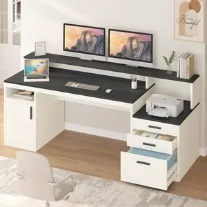 65 Inch Computer Desk with 3 Drawers & Storage Shelves, Executive Desk with File Drawer & Cabinet, Home Office Desk with Long Monitor Stand & Printer Shelf, Black & White 65 Inch Computer Desk with 3 Drawers & Storage Shelves, Executive Desk with File Drawer & Cabinet, Home Office Desk with Long Monitor Stand & Printer Shelf, Black & White