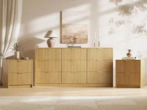 3-Piece Dresser Bedroom Set, 9 Drawer Dresser & 2 Drawer Nightstands with Gold Handles, Fluted Wood Chest of Drawers for Bedroom, Living Room, Entryway, Nature 3-Piece Dresser Bedroom Set, 9 Drawer Dresser & 2 Drawer Nightstands with Gold Handles, Fluted Wood Chest of Drawers for Bedroom, Living Room, Entryway, Nature