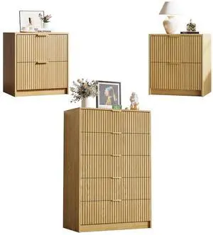 3-Piece Dresser Bedroom Set, 5 Drawer Dresser & 2 Drawer Nightstands with Gold Handles, Fluted Wood Chest of Drawers for Bedroom, Living Room, Entryway, Nature 3-Piece Dresser Bedroom Set, 5 Drawer Dresser & 2 Drawer Nightstands with Gold Handles, Fluted Wood Chest of Drawers for Bedroom, Living Room, Entryway, Nature