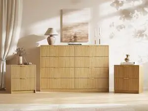 3-Piece Dresser Bedroom Set, 8 Drawer Dresser & 2 Drawer Nightstands with Gold Handles, Fluted Wood Chest of Drawers for Bedroom, Living Room, Entryway, Nature 3-Piece Dresser Bedroom Set, 8 Drawer Dresser & 2 Drawer Nightstands with Gold Handles, Fluted Wood Chest of Drawers for Bedroom, Living Room, Entryway, Nature
