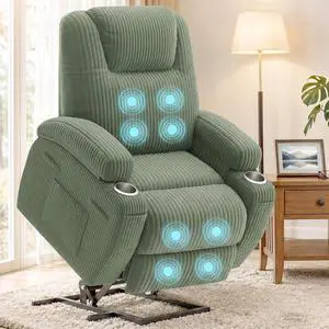 Power Lift Chair Massage Recliner Chairs for Elderly, Corduroy Ergonomic Design with Cup Holders & Side Pockets, Remote Control (Green) Power Lift Chair Massage Recliner Chairs for Elderly, Corduroy Ergonomic Design with Cup Holders & Side Pockets, Remote Control (Green)