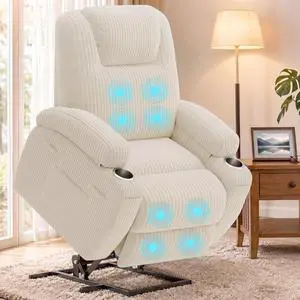 Power Lift Chair Massage Recliner Chairs for Elderly, Corduroy Ergonomic Design with Cup Holders & Side Pockets, Remote Control (White) Power Lift Chair Massage Recliner Chairs for Elderly, Corduroy Ergonomic Design with Cup Holders & Side Pockets, Remote Control (White)