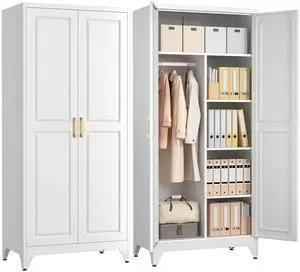 Metal Armoire Wardrobe Closet, 71" Tall White Wardrobe Cabinet with 2 Doors, Hanging Rod and Adjustable Shelves, Steel Clothing Storage Cabinet for Bedroom, Home, Employee, Gym, Office Metal Armoire Wardrobe Closet, 71" Tall White Wardrobe Cabinet with 2 Doors, Hanging Rod and Adjustable Shelves, Steel Clothing Storage Cabinet for Bedroom, Home, Employee, Gym, Office