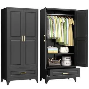 Metal Armoire Wardrobe Closet with Drawer, 71 Tall Wardrobe with Doors and Shelves, Metal Wardrobes Closet with Hanging Rod, for Bedroom, Garage, Laundry, Black Metal Armoire Wardrobe Closet with Drawer, 71 Tall Wardrobe with Doors and Shelves, Metal Wardrobes Closet with Hanging Rod, for Bedroom, Garage, Laundry, Black