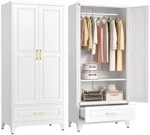 Metal Wardrobe Closet with Doors and Shelves, 71" Tall Steel Armoire with Hanging Rod & Storage Drawer, Sturdy Freestanding Clothes Organizer for Bedroom, Office, Laundry Room, White Metal Wardrobe Closet with Doors and Shelves, 71" Tall Steel Armoire with Hanging Rod & Storage Drawer, Sturdy Freestanding Clothes Organizer for Bedroom, Office, Laundry Room, White