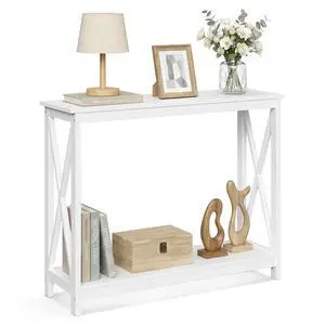 Console Table 39.5, 2-Tier Narrow Sofa Side Table with Storage Shelf, Entrance Table for Hallway/Foyer/Living Room/Corridor/Office, White Console Table 39.5, 2-Tier Narrow Sofa Side Table with Storage Shelf, Entrance Table for Hallway/Foyer/Living Room/Corridor/Office, White