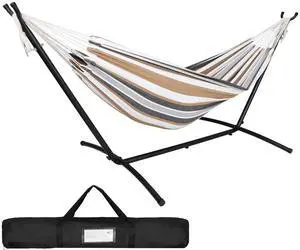 Portable 2 Person Hammock with 9FT Hammock Stand, 620 LBS Capacity Adjustable Hammock Bed with Space Saving Carrying Case Included for Camping Garden Backyard Patio Indoor Outdoor Portable 2 Person Hammock with 9FT Hammock Stand, 620 LBS Capacity Adjustable Hammock Bed with Space Saving Carrying Case Included for Camping Garden Backyard Patio Indoor Outdoor