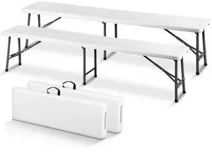 6 FT Plastic Folding Bench, Portable Outdoor Bench with Handle & Non-Slip Mat, Waterproof Dining Seat for Picnic Party Garden Camping Soccer Field, 2 Pack, White 6 FT Plastic Folding Bench, Portable Outdoor Bench with Handle & Non-Slip Mat, Waterproof Dining Seat for Picnic Party Garden Camping Soccer Field, 2 Pack, White