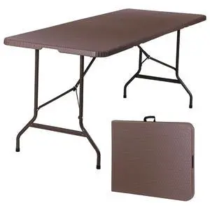 6FT Folding Table for Indoor Outdoor, Portable Heavy Duty Fold-in-Half Plastic Dining Picnic Party Camping Table with Carrying Handle, Brown 6FT Folding Table for Indoor Outdoor, Portable Heavy Duty Fold-in-Half Plastic Dining Picnic Party Camping Table with Carrying Handle, Brown