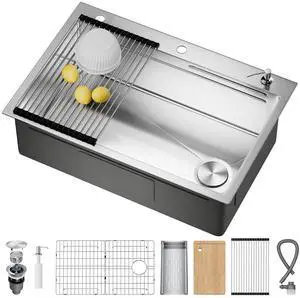 33X22 Drop In Kitchen Sink with Pop-Up Drain, 304 Stainless Steel Workstation Sink, Upgraded Fast Drain, Topmount Single Bowl with Accessories, Foldable Grid for Easy Cleaning 33X22 Drop In Kitchen Sink with Pop-Up Drain, 304 Stainless Steel Workstation Sink, Upgraded Fast Drain, Topmount Single Bowl with Accessories, Foldable Grid for Easy Cleaning