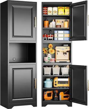 67" Tall Narrow Storage Cabinet with 2 Door and 7 Shelves,Slim Kitchen Pantry Cabinet,Black Metal Bathroom Cabinets,Large Cupboard for Home,Kitchen,Laundry,Bathroom 67" Tall Narrow Storage Cabinet with 2 Door and 7 Shelves,Slim Kitchen Pantry Cabinet,Black Metal Bathroom Cabinets,Large Cupboard for Home,Kitchen,Laundry,Bathroom