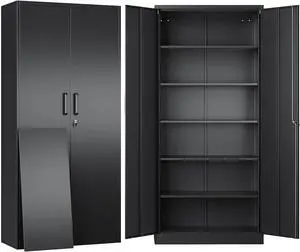 Metal Storage Cabinet with Lock and 5 Adjustable Shelves,Lockable Garage Storage Cabinet,71" Black Steel File Cabinets with Locking Doors,Tool Cabinets for Home,Office,Garage Metal Storage Cabinet with Lock and 5 Adjustable Shelves,Lockable Garage Storage Cabinet,71" Black Steel File Cabinets with Locking Doors,Tool Cabinets for Home,Office,Garage