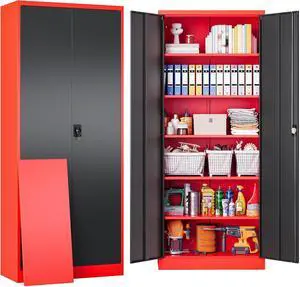 Red Metal Storage Cabinet with Locking Doors and Shelves,Garage Storage Cabinet with Lock,Steel Locker,Lockable Cabinets for Home,Office,Shop,Garage Cabinets Red Metal Storage Cabinet with Locking Doors and Shelves,Garage Storage Cabinet with Lock,Steel Locker,Lockable Cabinets for Home,Office,Shop,Garage Cabinets