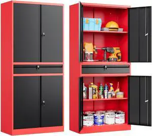 Metal Storage Cabinet with Drawer and Lock,Garage Storage Cabinet with Locking Doors and Shelves,71" Black Red Metal Cabinets,Lockable Steel Tool Cabinets for Garage,Home,Office,Shop Metal Storage Cabinet with Drawer and Lock,Garage Storage Cabinet with Locking Doors and Shelves,71" Black Red Metal Cabinets,Lockable Steel Tool Cabinets for Garage,Home,Office,Shop