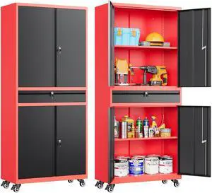 Metal Storage Cabinet with Wheels and Drawer,Rolling Garage Storage Cabinet with Lock,Black Red Metal Cabinets with Wheel,73" Mobile Tall Tool Cabinets on Wheel for Home,Office,Garage,Shop Metal Storage Cabinet with Wheels and Drawer,Rolling Garage Storage Cabinet with Lock,Black Red Metal Cabinets with Wheel,73" Mobile Tall Tool Cabinets on Wheel for Home,Office,Garage,Shop