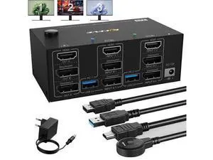 USB 3.0 HDMI + 2 DisplayPort KVM Switch 3 Monitors 2 Computers, 8K@60Hz KVM Switch 4K@144Hz, KVM Switch Displayport 1.4 + HDMI 2.1 for 2 PC Share Mouse, Keyboard and 3 Monitors, with Wired Remote USB 3.0 HDMI + 2 DisplayPort KVM Switch 3 Monitors 2 Computers, 8K@60Hz KVM Switch 4K@144Hz, KVM Switch Displayport 1.4 + HDMI 2.1 for 2 PC Share Mouse, Keyboard and 3 Monitors, with Wired Remote