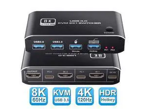 8K @60Hz 2x1 HDMI 2.1 KVM Switch, 2 Port 2 in 1 Out KVM HDMI 2.1 Switch for 2 PCs Shares 1 Set Mouse, Keyboard and Monitor, Support 8K @60Hz, 4K @120Hz, Hotkey, USB 3.0 Port, HDMI2.1 in/Out Port 8K @60Hz 2x1 HDMI 2.1 KVM Switch, 2 Port 2 in 1 Out KVM HDMI 2.1 Switch for 2 PCs Shares 1 Set Mouse, Keyboard and Monitor, Support 8K @60Hz, 4K @120Hz, Hotkey, USB 3.0 Port, HDMI2.1 in/Out Port