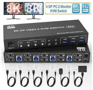 DIXSG 8K@60Hz Displayport USB 3.0 KVM Switch 2 Monitors 4 Computers, DP1.4 KVM Switch Dual Monitor with Audio Microphone Output and 3 USB 3.0 Ports, 4 Port Displayport KVM Switch for 4 PCs 2 Monitors DIXSG 8K@60Hz Displayport USB 3.0 KVM Switch 2 Monitors 4 Computers, DP1.4 KVM Switch Dual Monitor with Audio Microphone Output and 3 USB 3.0 Ports, 4 Port Displayport KVM Switch for 4 PCs 2 Monitors