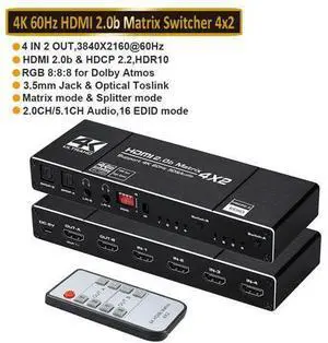 HDMI Matrix 4x2,AUBEAMTO 4K@60Hz HDMI Matrix Switch 4 in 2 Out with EDID Extractor and IR Remote Control, Support HDMI 2.0b, HDCP2.2, HDR10, Ultra HD, 3D HDMI Matrix 4x2,AUBEAMTO 4K@60Hz HDMI Matrix Switch 4 in 2 Out with EDID Extractor and IR Remote Control, Support HDMI 2.0b, HDCP2.2, HDR10, Ultra HD, 3D