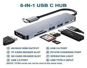 6 Ports USB C Hub Adapter, USB C Docking Station with HDMI 4k, USB 3.0, 87W Power Delivery, SD/TF Card Slots, for MacBook Series 6 Ports USB C Hub Adapter, USB C Docking Station with HDMI 4k, USB 3.0, 87W Power Delivery, SD/TF Card Slots, for MacBook Series