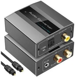 Analog to Digital Audio Converter RCA to Optical with Cable 3.5mm AUX Jack Toslink and Coaxial Adapter for Soundbar Analog to Digital Audio Converter RCA to Optical with Cable 3.5mm AUX Jack Toslink and Coaxial Adapter for Soundbar