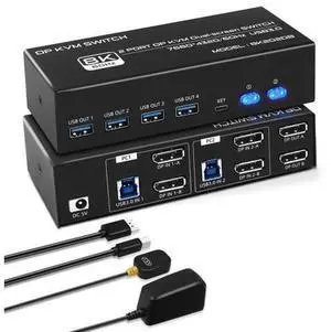 8K DP KVM Switch 2 PC 2 Monitor, Dual Monitor KVM with 4 DP and 2 USB Cables, 4K@120Hz 8K@60Hz Displayport 1.4 and USB 3.0 8K DP KVM Switch 2 PC 2 Monitor, Dual Monitor KVM with 4 DP and 2 USB Cables, 4K@120Hz 8K@60Hz Displayport 1.4 and USB 3.0