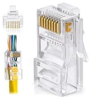 RJ45 Cat6 Pass Through Connectors - Pack of 100 | Modular Plug for Solid or Stranded UTP Network Cable RJ45 Cat6 Pass Through Connectors - Pack of 100 | Modular Plug for Solid or Stranded UTP Network Cable