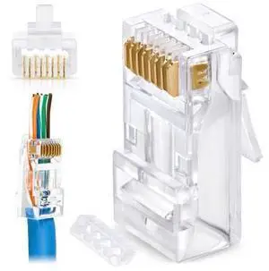 RJ45 Cat6/6a Pass Through Connectors for a Thick 23 AWG Large Diameter UTP Network Cable, 200 Pcs | Insert Guides Included RJ45 Cat6/6a Pass Through Connectors for a Thick 23 AWG Large Diameter UTP Network Cable, 200 Pcs | Insert Guides Included