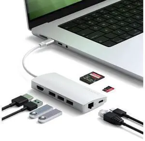Satechi 8 in 1 USB C Hub Multiport Adapter V2, 4K HDMI, 115W USB C PD Charging, 3 USB-A, Ethernet, Micro/SD Card Readers, for Laptop, MacBook Pro/Air M4/M3/M2/M1, iPad, iPhone 16, Windows - Silver Satechi 8 in 1 USB C Hub Multiport Adapter V2, 4K HDMI, 115W USB C PD Charging, 3 USB-A, Ethernet, Micro/SD Card Readers, for Laptop, MacBook Pro/Air M4/M3/M2/M1, iPad, iPhone 16, Windows - Silver