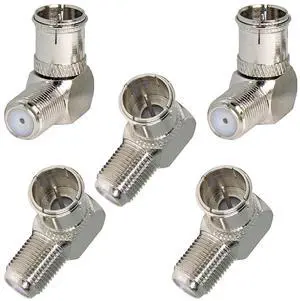 Right Angle Coax Quick TV Connector, 5 Pack F Type Male to Female Push On Plug Adapter Convertor, for Wall Plate, Antenna, Coaxial Cable, RV Satellite Receiver Right Angle Coax Quick TV Connector, 5 Pack F Type Male to Female Push On Plug Adapter Convertor, for Wall Plate, Antenna, Coaxial Cable, RV Satellite Receiver