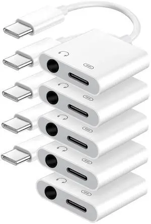 USB C to 3.5mm Headphone Jack and Charger Adapter, 2-in-1 Audio & Fast Charging Splitter for Apple iPhone 17/16/15/Pro/Pro Max, iPad, Samsung, Pixel, and More 5Pack USB C to 3.5mm Headphone Jack and Charger Adapter, 2-in-1 Audio & Fast Charging Splitter for Apple iPhone 17/16/15/Pro/Pro Max, iPad, Samsung, Pixel, and More 5Pack