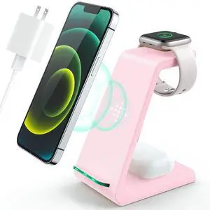 3 in 1 Wireless Charging Station, 2026 Upgraded Fast Desk Charger Station for iPhone 17 16 15 14 13 12 Pro Max Plus, Charger Stand for Apple Watch 10 9 8 7 6 5 4 3 2 SE, Airpods 4 3 2 Pro(Pink) 3 in 1 Wireless Charging Station, 2026 Upgraded Fast Desk Charger Station for iPhone 17 16 15 14 13 12 Pro Max Plus, Charger Stand for Apple Watch 10 9 8 7 6 5 4 3 2 SE, Airpods 4 3 2 Pro(Pink)