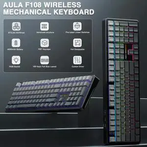 USB Keyboard WISDUM AULA F108 Wireless Mechanical Keyboard, Full Size Gaming Keyboard with Number Pad, Side Printed PBT Keycaps, Pre-lubed Switches, RGB Backlit, Hot Swappable Creamy Sounding Computer USB Keyboard WISDUM AULA F108 Wireless Mechanical Keyboard, Full Size Gaming Keyboard with Number Pad, Side Printed PBT Keycaps, Pre-lubed Switches, RGB Backlit, Hot Swappable Creamy Sounding Computer